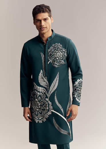 Blue Kurta Set For Men With Floral Print And Beads Work On Suiting Fabric