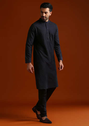 Blue Kurta Set For Men With Pintucks
