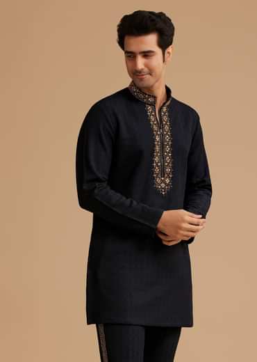 Blue Kurta Set With Moti And Mirror Embroidery