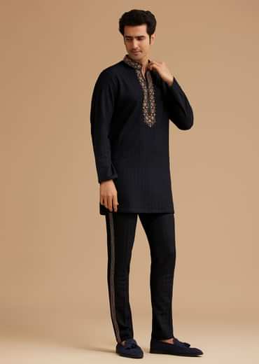 Blue Kurta Set With Moti And Mirror Embroidery