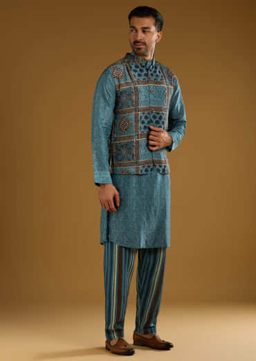 Blue Linen Kurta Jacket Set For Men With Hand Block Ajrakh Print