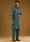 Blue Linen Kurta Jacket Set For Men With Hand Block Ajrakh Print