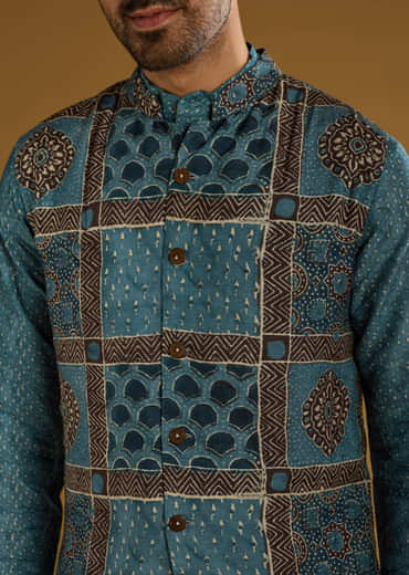 Blue Linen Kurta Jacket Set For Men With Hand Block Ajrakh Print