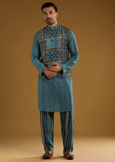Blue Linen Kurta Jacket Set For Men With Hand Block Ajrakh Print