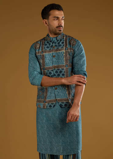 Blue Linen Kurta Jacket Set For Men With Hand Block Ajrakh Print