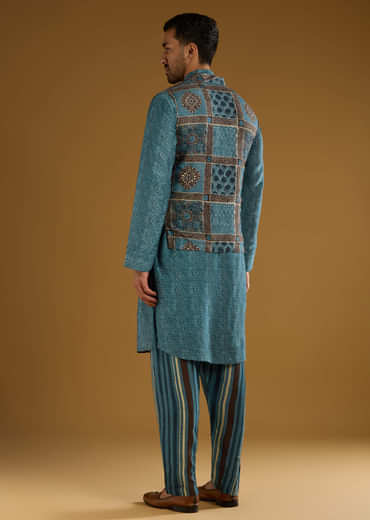 Blue Linen Kurta Jacket Set For Men With Hand Block Ajrakh Print