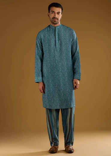 Blue Linen Kurta Jacket Set For Men With Hand Block Ajrakh Print