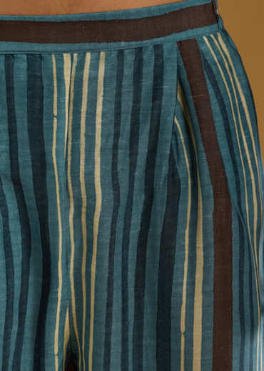 Blue Linen Kurta Jacket Set For Men With Hand Block Ajrakh Print