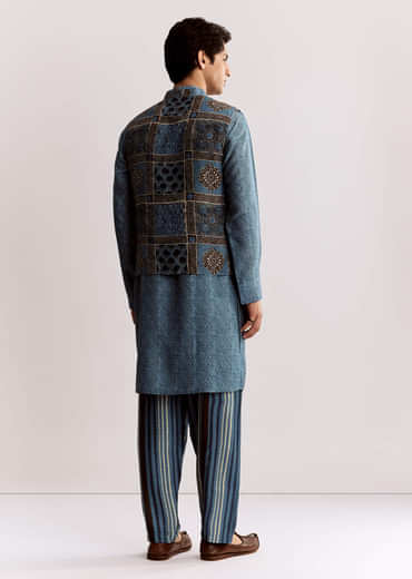Blue Linen Kurta Jacket Set With Ajrakh Print