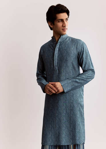Blue Linen Kurta Jacket Set With Ajrakh Print