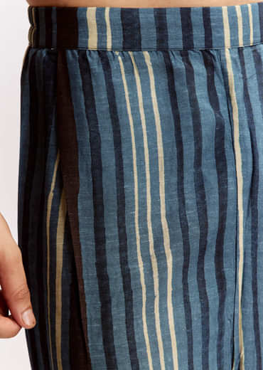 Blue Linen Kurta Jacket Set With Ajrakh Print