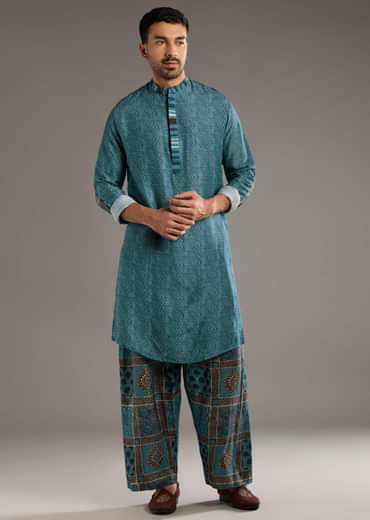 Blue Linen Kurta Set For Men With Hand Block Ajrakh Print