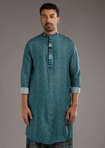 Blue Linen Kurta Set For Men With Hand Block Ajrakh Print