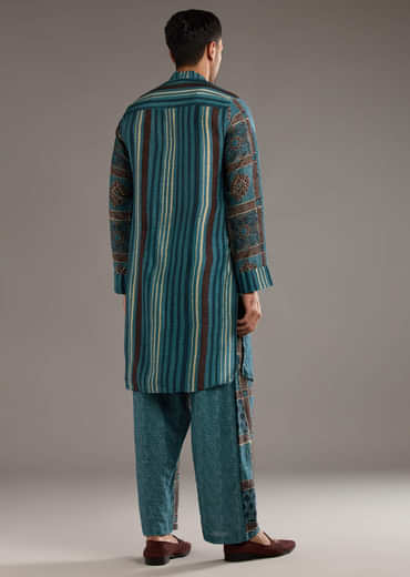 Blue Linen Kurta Set For Men With Hand Block Ajrakh Print