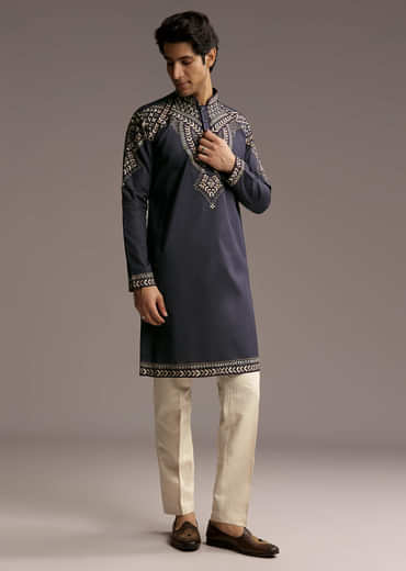 Blue Linen Kurta Set For Men With Resham Embroidery