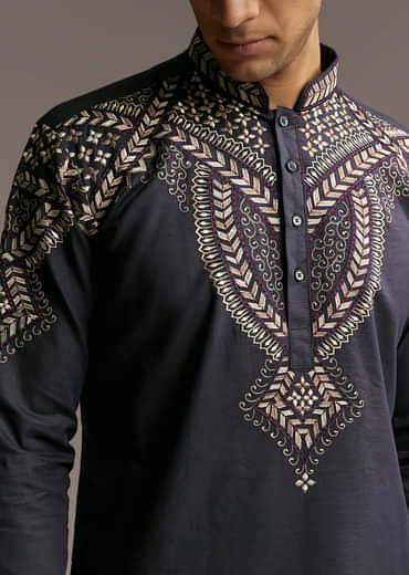 Blue Linen Kurta Set For Men With Resham Embroidery