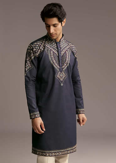 Blue Linen Kurta Set For Men With Resham Embroidery