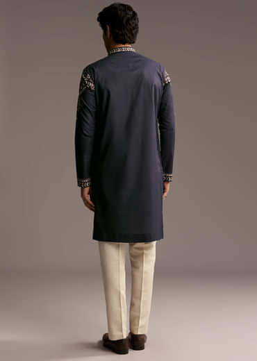 Blue Linen Kurta Set For Men With Resham Embroidery