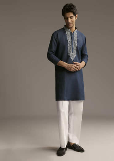 Blue Linen Kurta Set For Men With Thread And Resham Embroidery