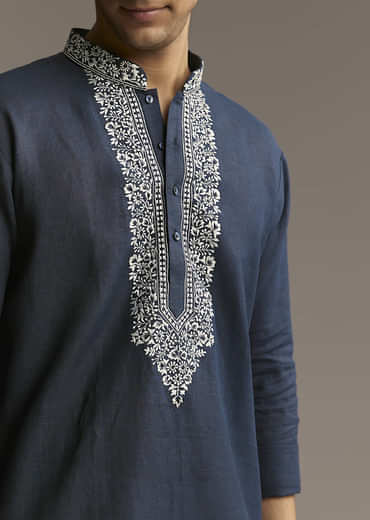 Blue Linen Kurta Set For Men With Thread And Resham Embroidery
