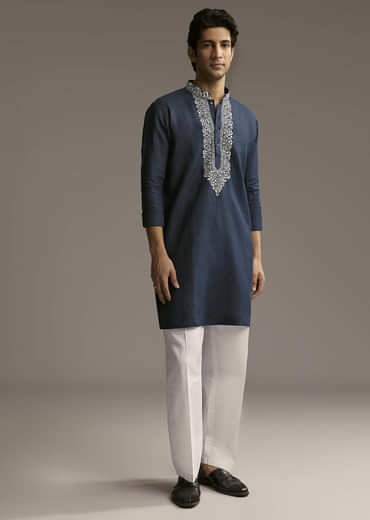 Blue Linen Kurta Set For Men With Thread And Resham Embroidery