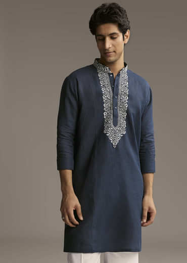 Blue Linen Kurta Set For Men With Thread And Resham Embroidery