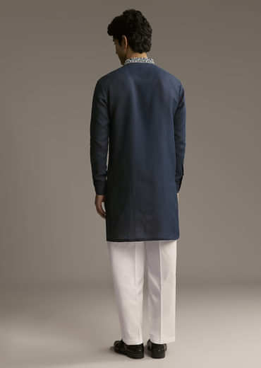 Blue Linen Kurta Set For Men With Thread And Resham Embroidery