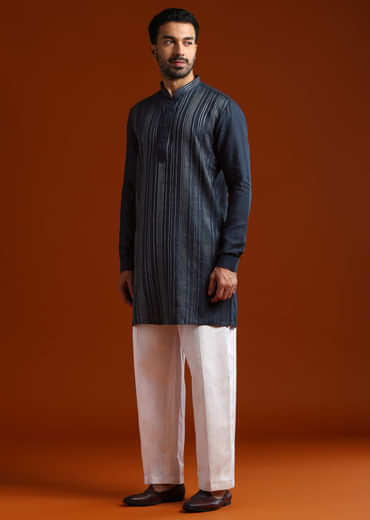 Blue Linen Kurta Set For Men With Thread Work