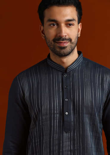 Blue Linen Kurta Set For Men With Thread Work