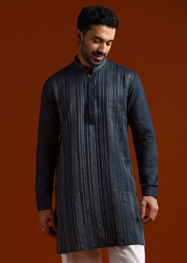Blue Linen Kurta Set For Men With Thread Work