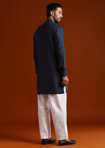 Blue Linen Kurta Set For Men With Thread Work