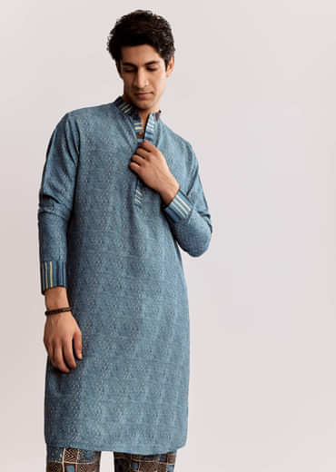 Blue Linen Kurta Set With Ajrakh Print