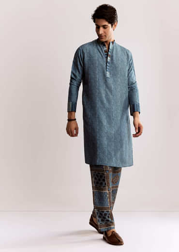 Blue Linen Kurta Set With Ajrakh Print