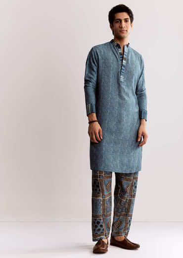 Blue Linen Kurta Set With Ajrakh Print