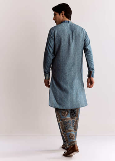 Blue Linen Kurta Set With Ajrakh Print