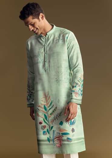Blue Linen Kurta Set With All Over Floral Print And Mandarin Collar