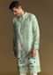Blue Linen Kurta Set With All Over Floral Print And Mandarin Collar