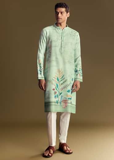 Blue Linen Kurta Set With All Over Floral Print And Mandarin Collar