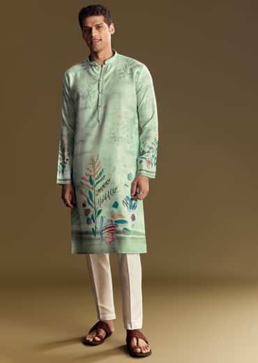 Blue Linen Kurta Set With All Over Floral Print And Mandarin Collar
