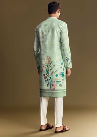 Blue Linen Kurta Set With All Over Floral Print And Mandarin Collar