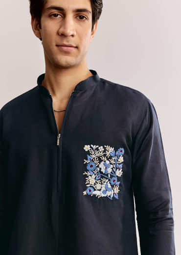 Blue Linen Kurta Set With Embroidery