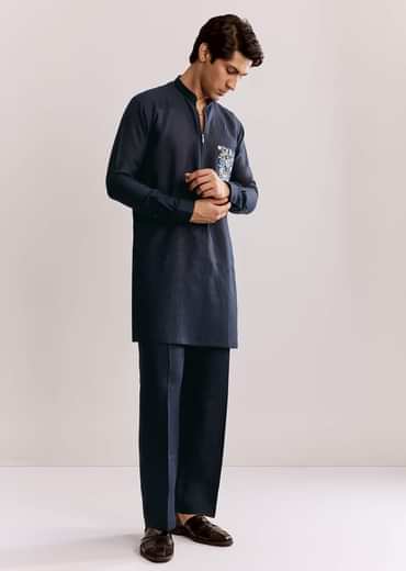 Blue Linen Kurta Set With Embroidery