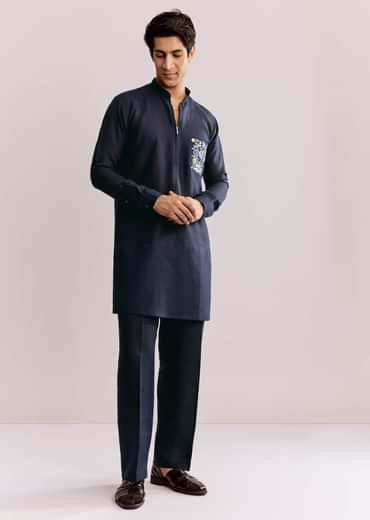 Blue Linen Kurta Set With Embroidery