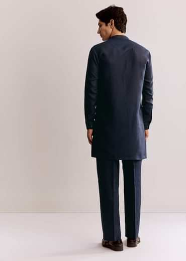 Blue Linen Kurta Set With Embroidery