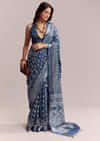 Blue Linen Printed Saree With Heritage Ajrakh Leaf Print