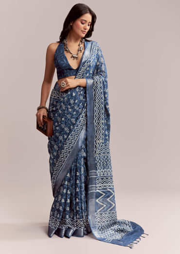 Blue Linen Printed Saree With Heritage Ajrakh Leaf Print