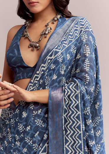 Blue Linen Printed Saree With Heritage Ajrakh Leaf Print