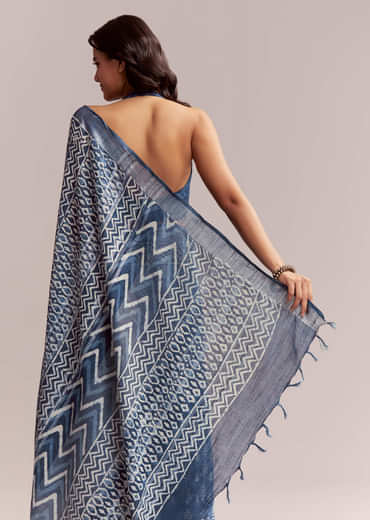 Blue Linen Printed Saree With Heritage Ajrakh Leaf Print