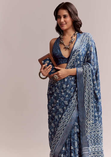 Blue Linen Printed Saree With Heritage Ajrakh Leaf Print
