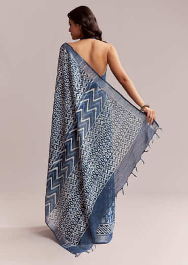 Blue Linen Printed Saree With Heritage Ajrakh Leaf Print